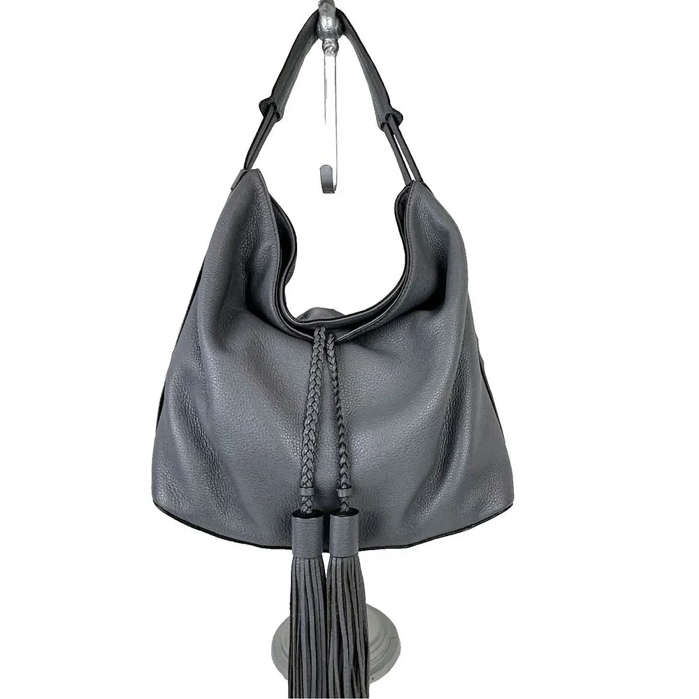 Rebecca Minkoff Isobel Tassel Hobo Grey Leather Shoulder Bag Fringe Braided Boho